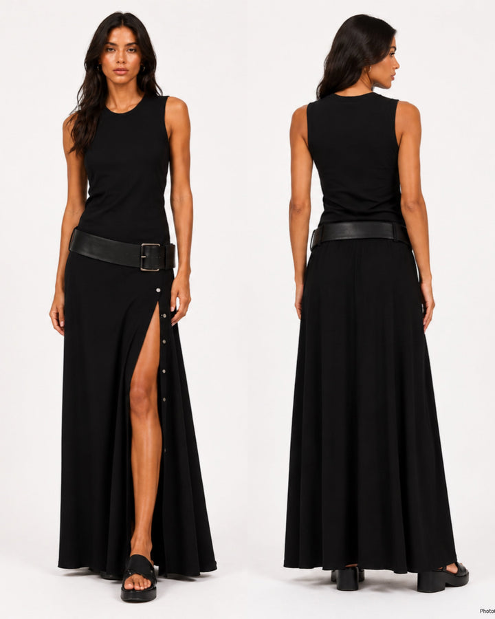 Regina - Stretch Viscose Maxi Dress with Belt