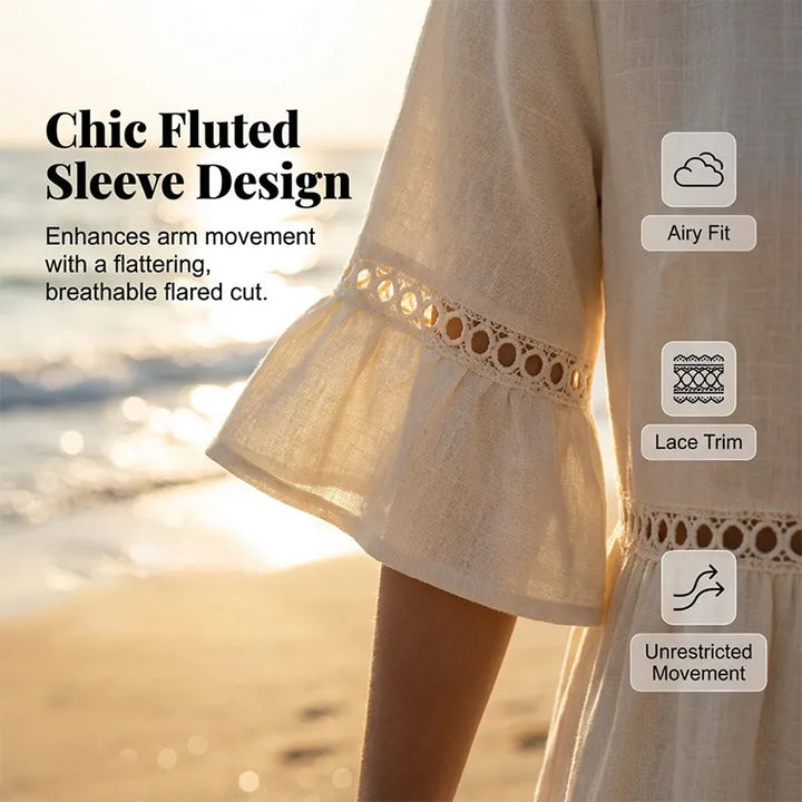 Raeven - Lightweight Midi Dress with Lace Cut-Out Details and Flutter Sleeves