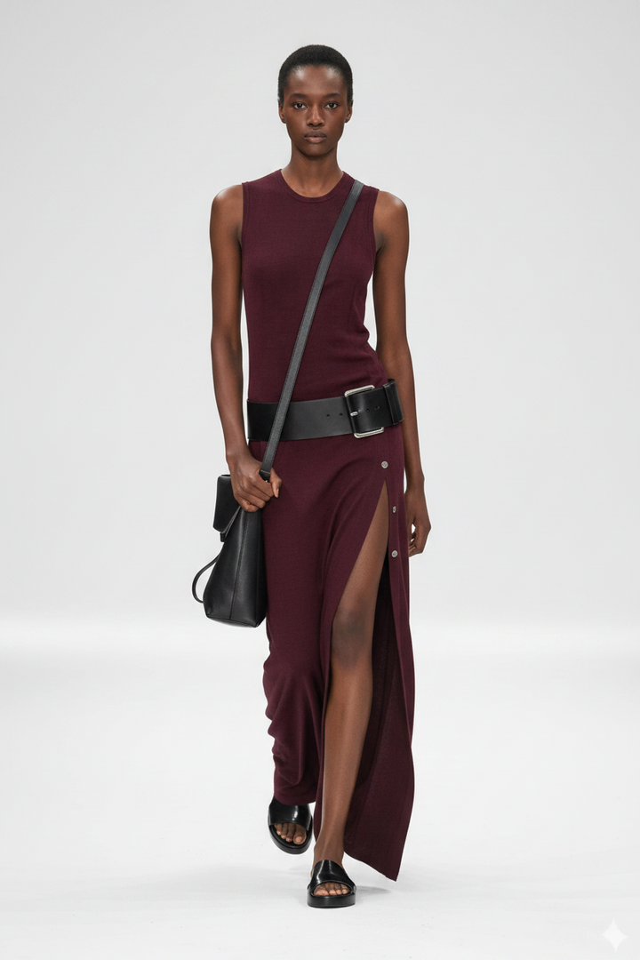 Regina - Stretch Viscose Maxi Dress with Belt