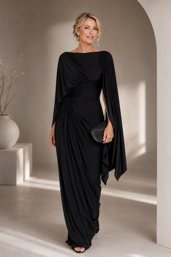 Romina - Pleated Cape Sleeve Maxi Dress