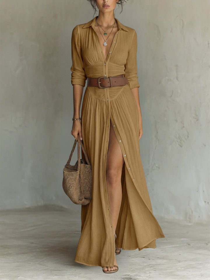 Nessa - Pleated Maxi Dress with Notched Collar