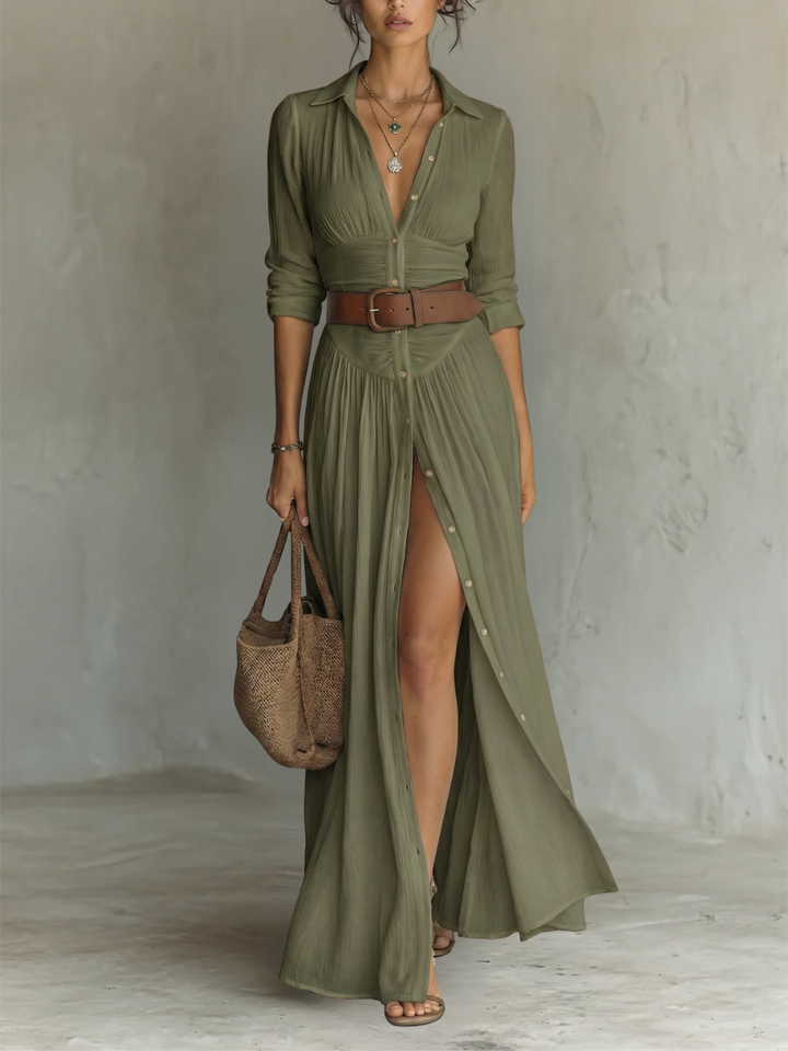 Nessa - Pleated Maxi Dress with Notched Collar