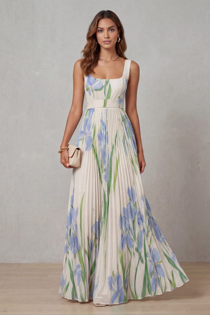 Vivien - Watercolour Floral Pleated Maxi Dress