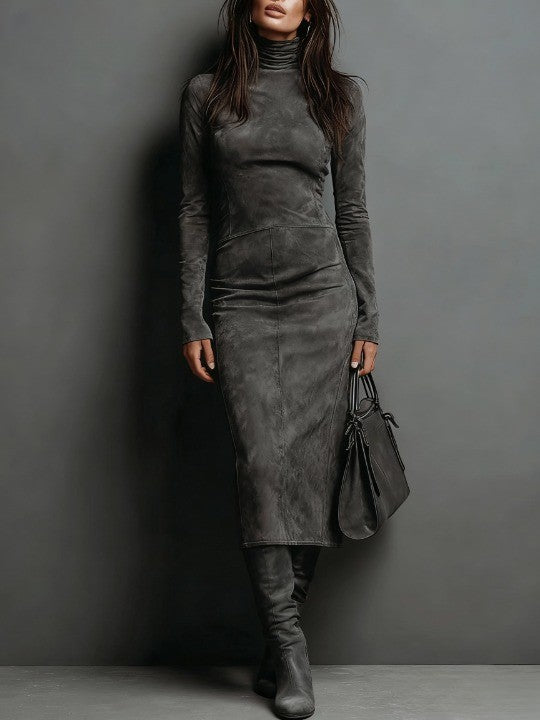Sienna – Midi Suede Dress with High Neck & Long Sleeves